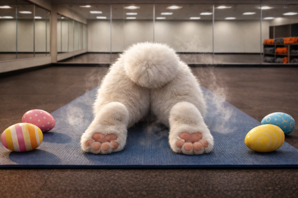 Easter bunny doing downward dog yoga pose on a mat in a hot yoga studio with colorful Easter eggs